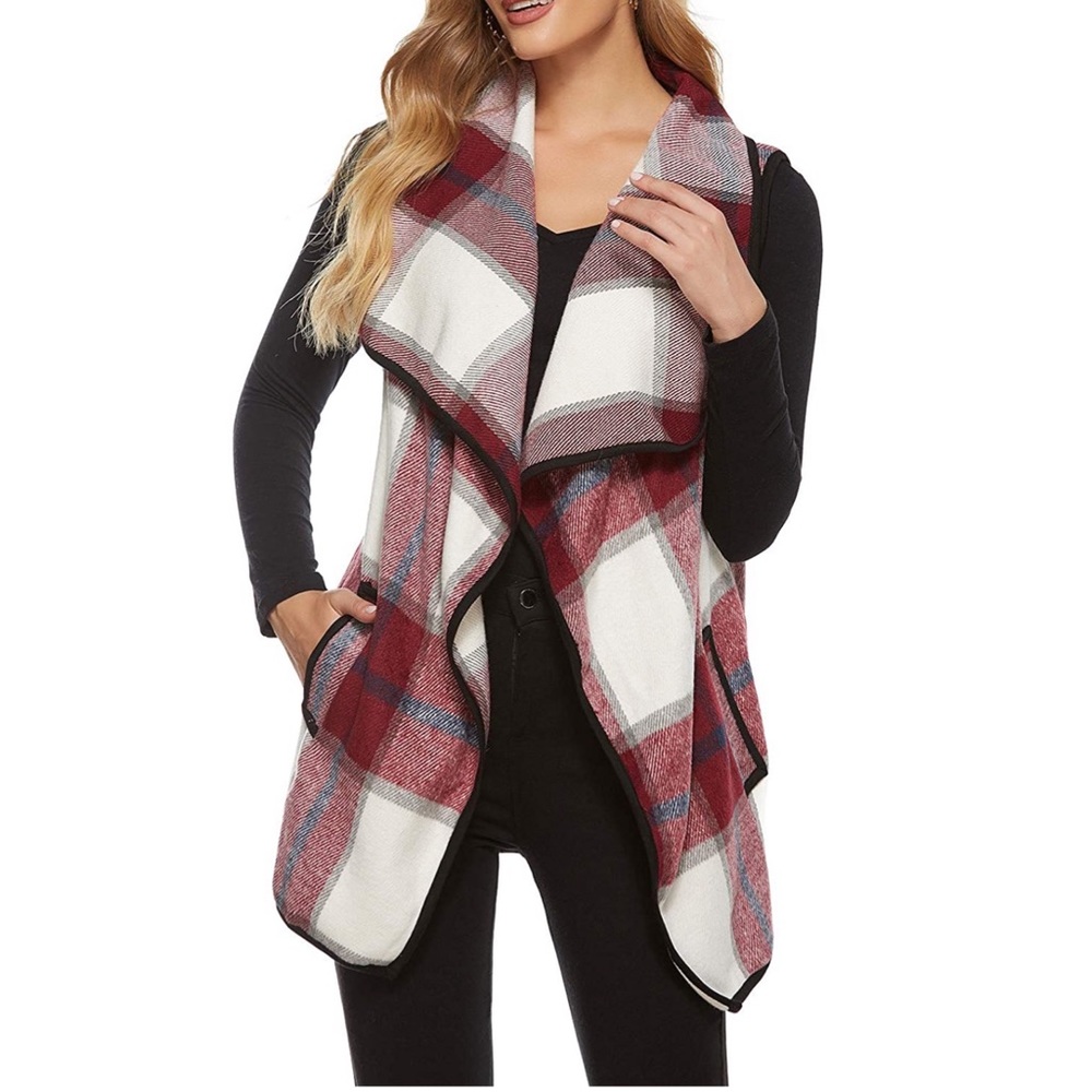 Vest Lapel Open Front Buffalo Plaid Sleeveless - Picture 2 of 5